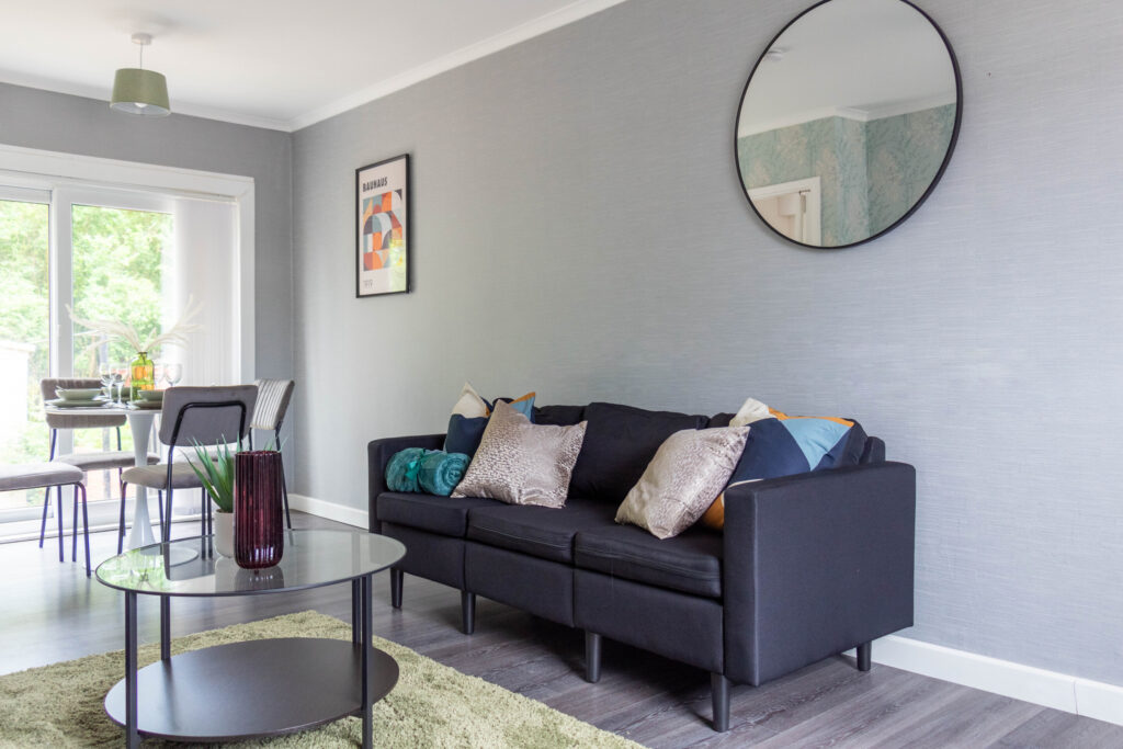 Modern living room in fully furnished short term rental property in Bargeddie